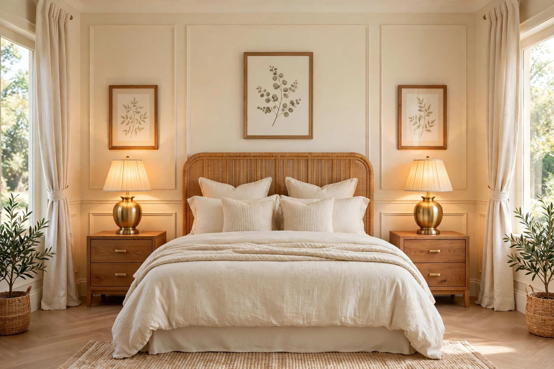 Matching gold lamps with cream shades glowing warmly on both nightstands of a cozy cream bedroom