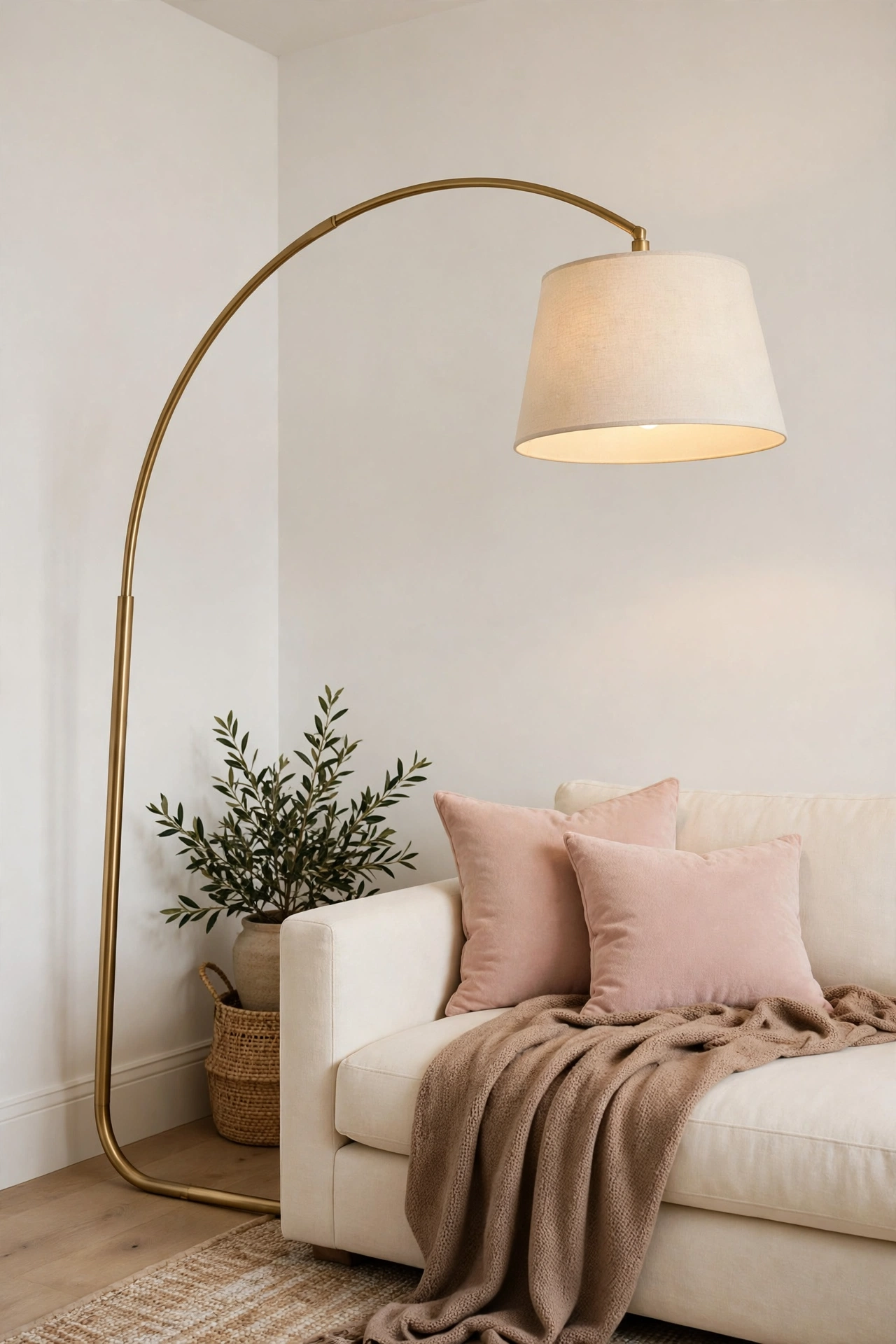 Arched gold floor lamp curving over the end of a cream sofa in a bright living room corner with blush cushions