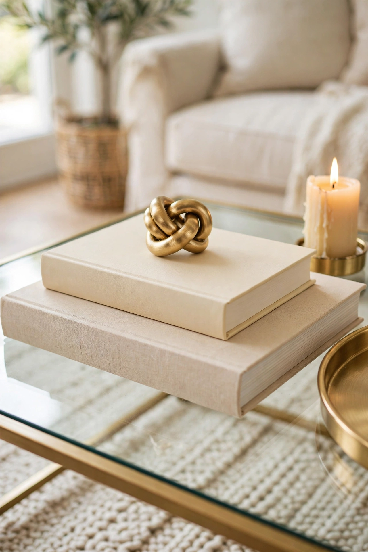 Two large coffee table books stacked largest first with a small gold object on top