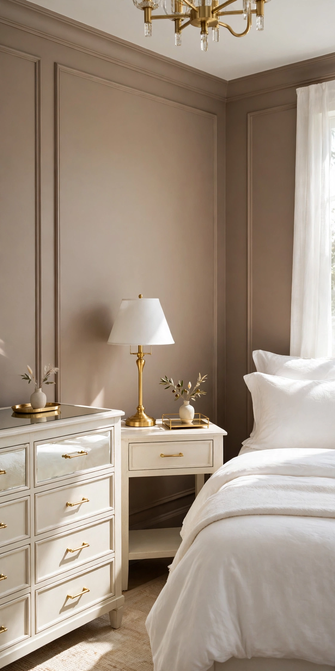 Almost empty cream nightstand and dresser in a glam bedroom with only a lamp, a small tray, and a vase remaining