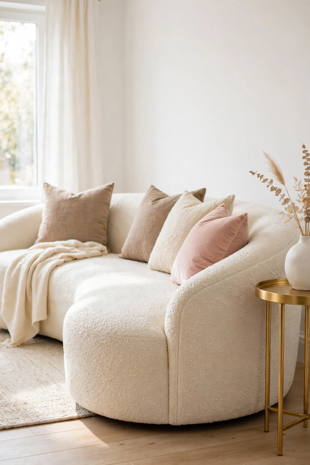 Curved cream boucle sofa with warm taupe and blush pillows beside a gold side table