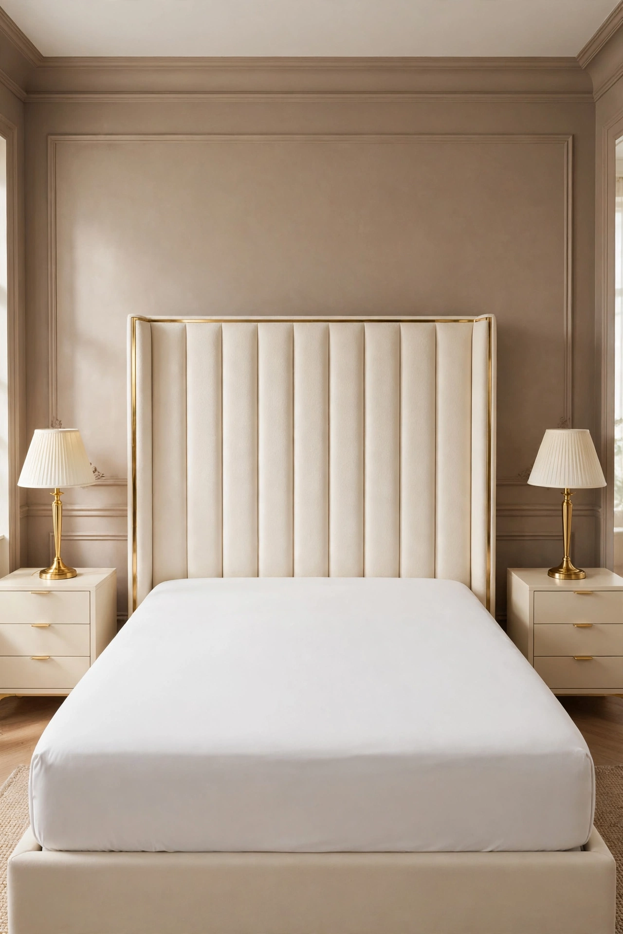 White fitted sheet pulled smooth and tight over the topper with no wrinkles across the bed