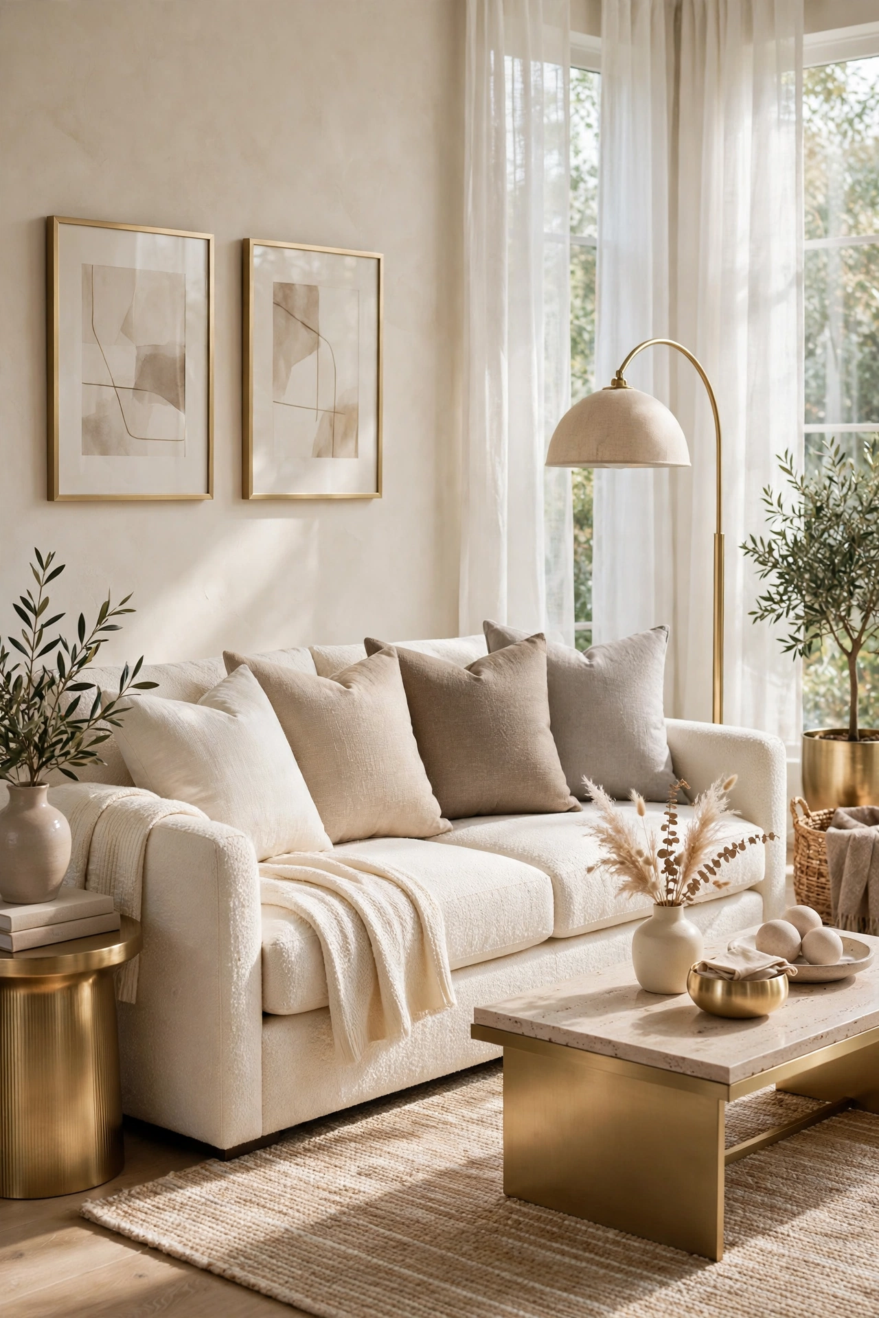 Sofa cushions layered from cream through beige and taupe to soft grey, a clear tone gradient