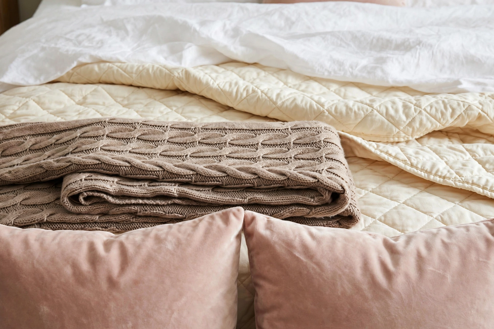 Layered cream bedding with a taupe knit throw and blush velvet cushions on a luxury bed