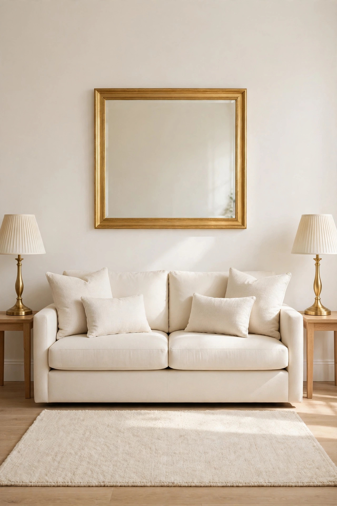 Matching pair of table lamps and cushions arranged symmetrically on a cream sofa and side tables