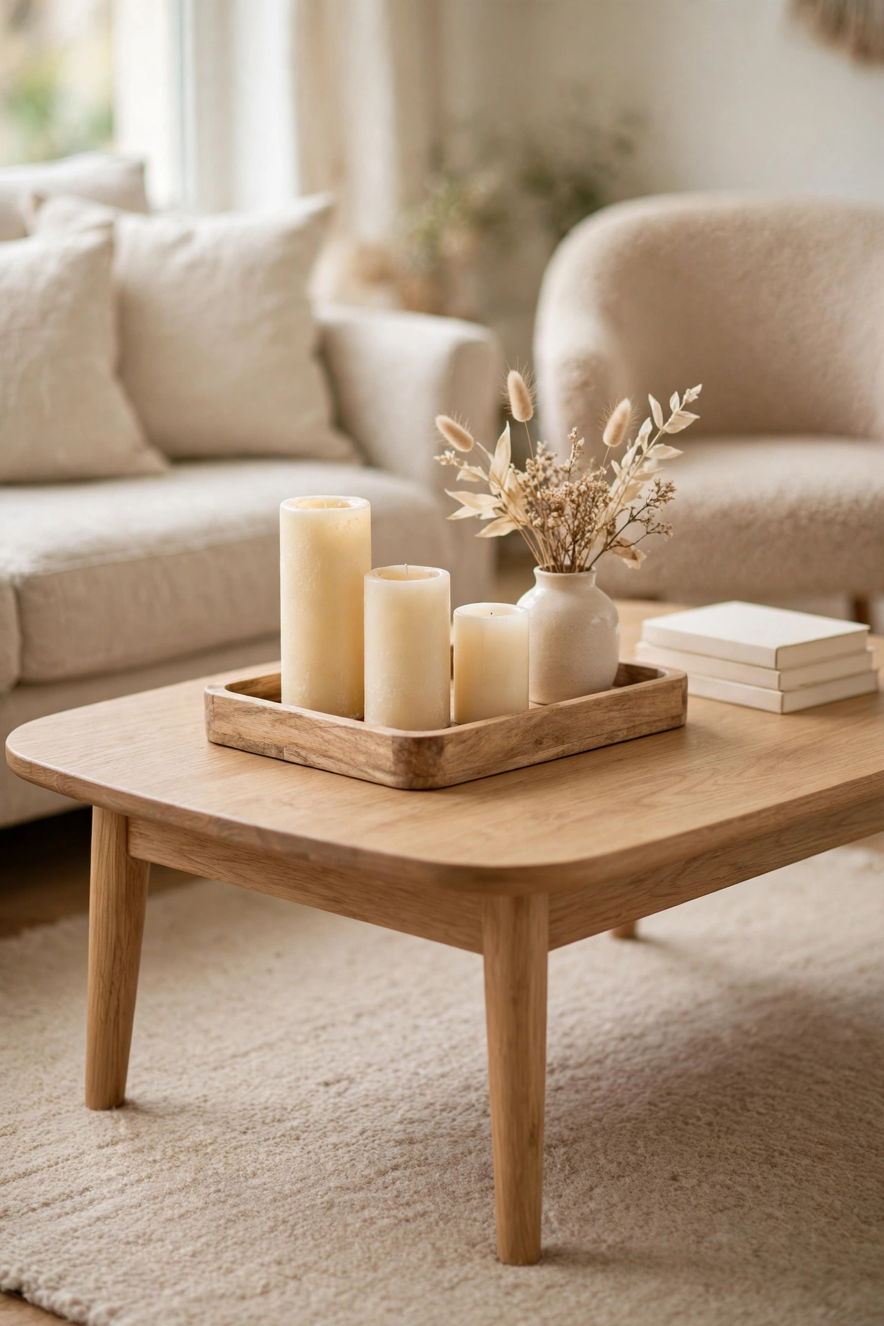 Light oak coffee table with rounded corners styled with a wood tray, candles, and a small stack of books