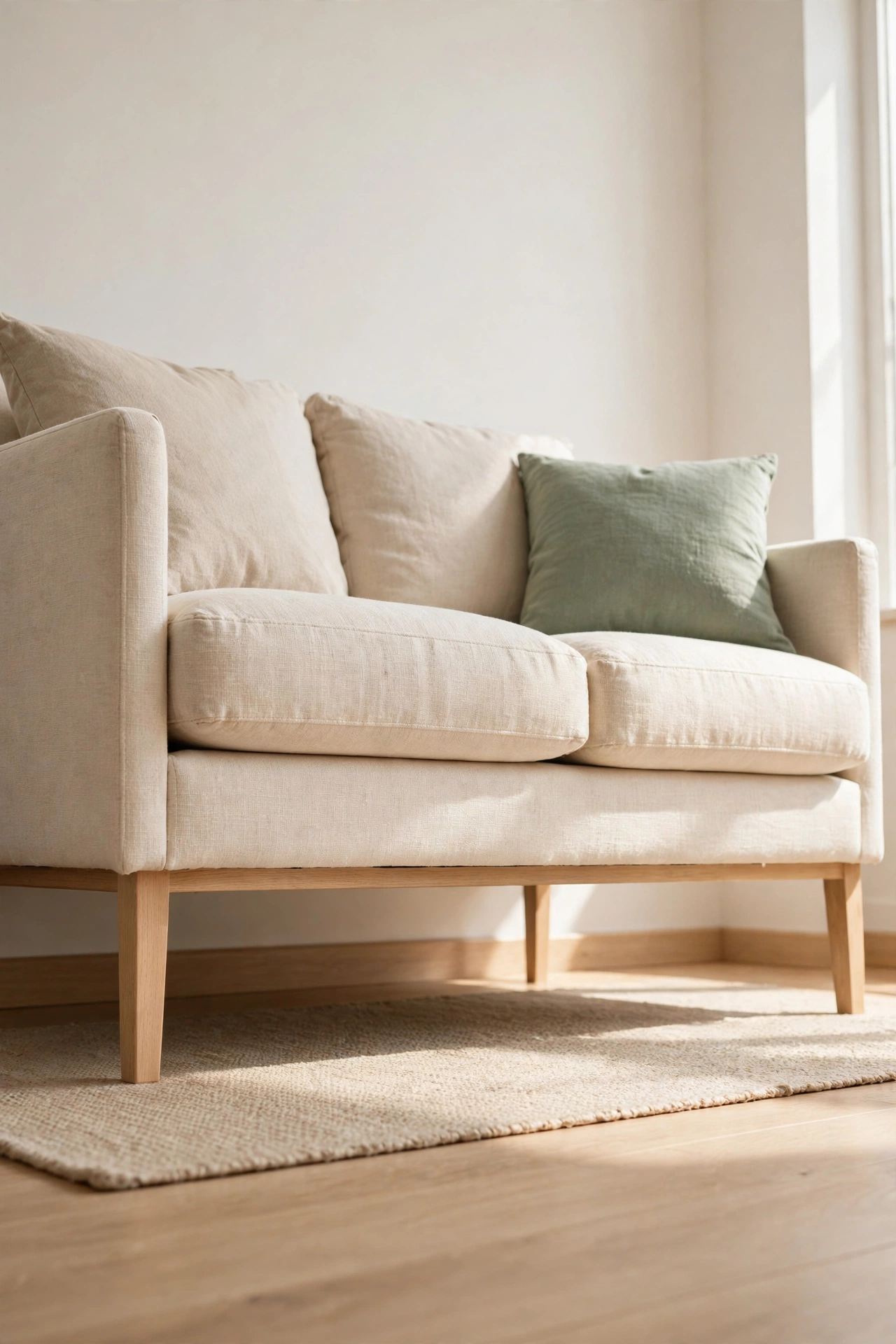 Cream loveseat with light wood legs and raised base showing the floor beneath in a small living room