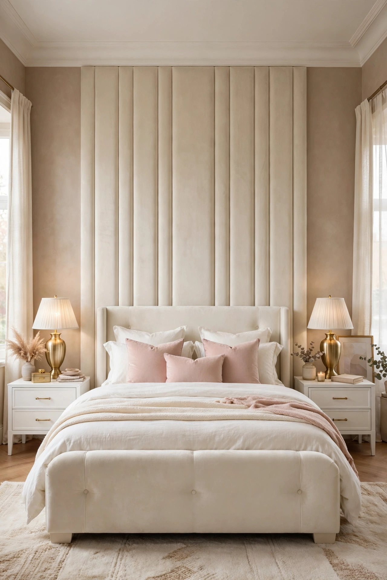 Tall cream upholstered panels covering the wall behind an ivory bed with gold lamps beside it