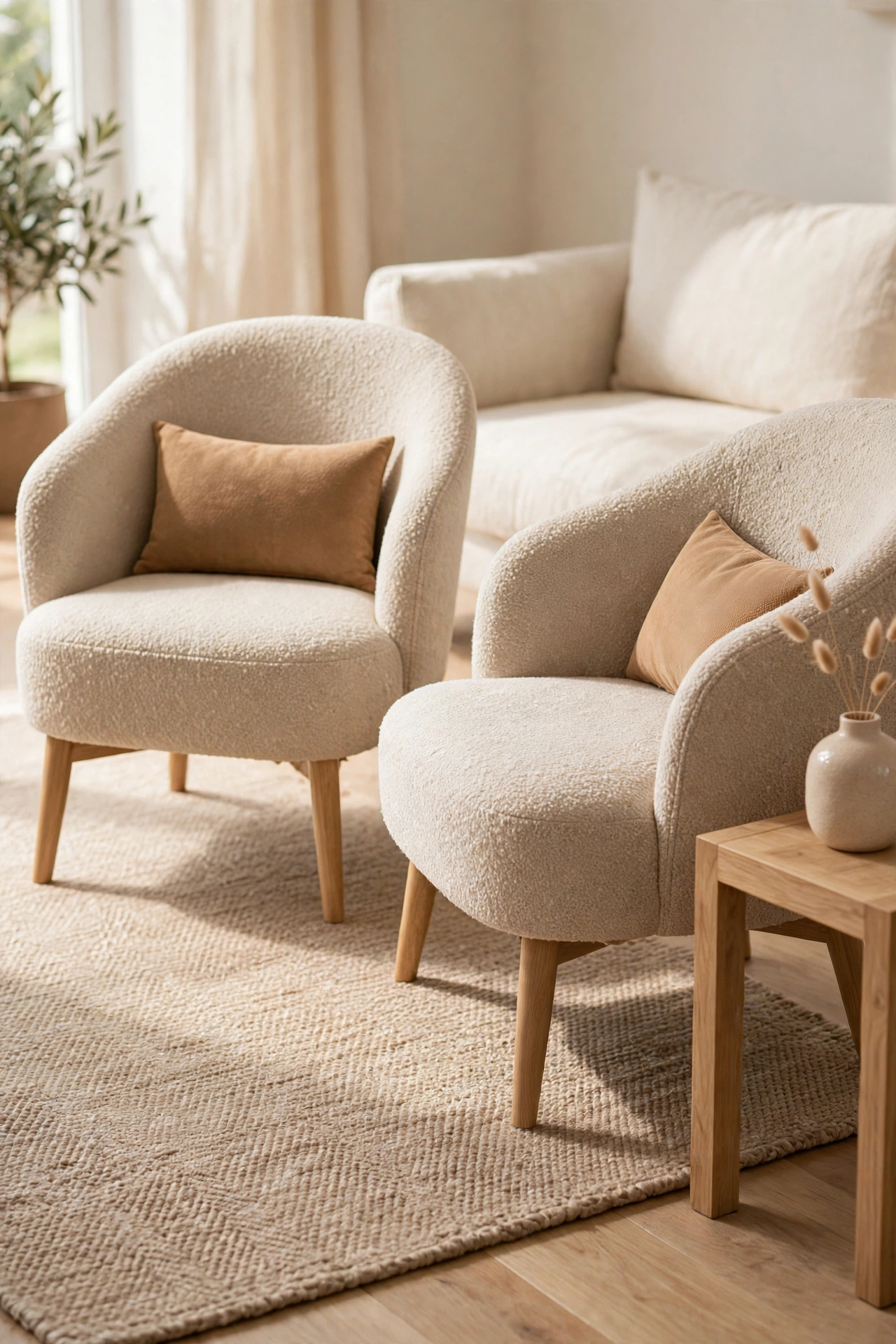 Two beige boucle accent chairs facing a cream linen sofa beside a light wood side table