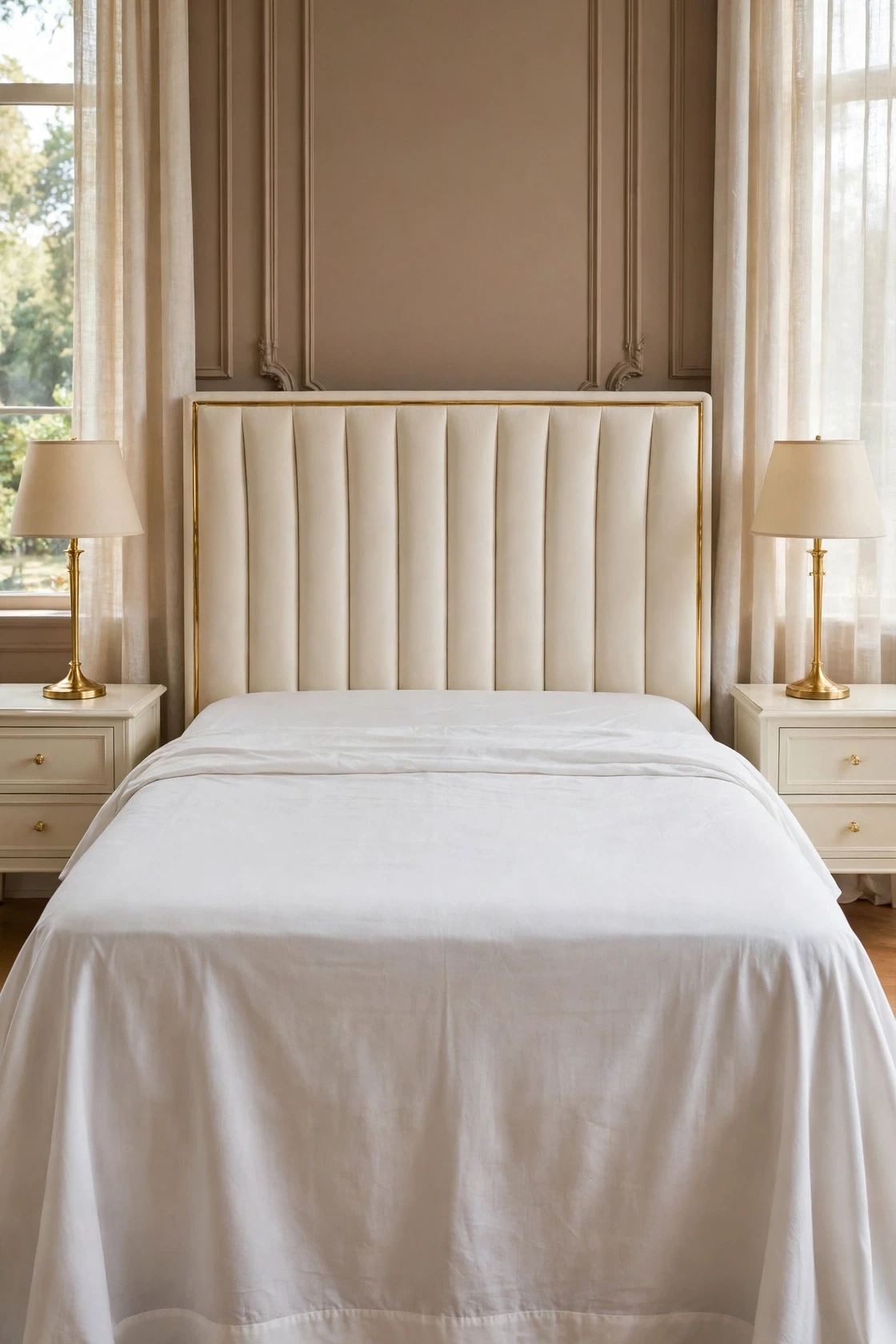 Flat white sheet laid over the bed with its top edge level with the head of the mattress