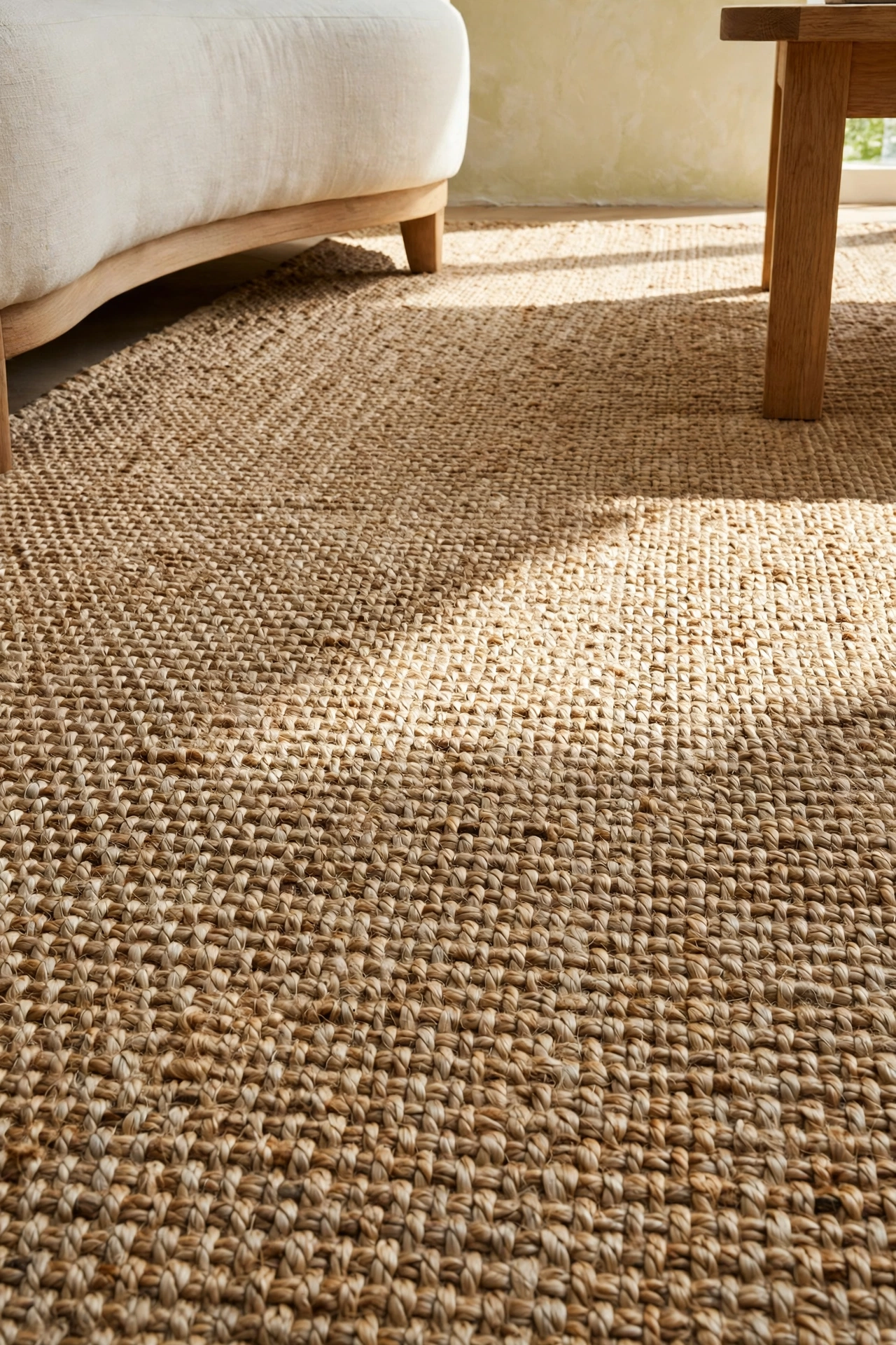 Natural jute rug with visible weave under a curved sofa and oak coffee table