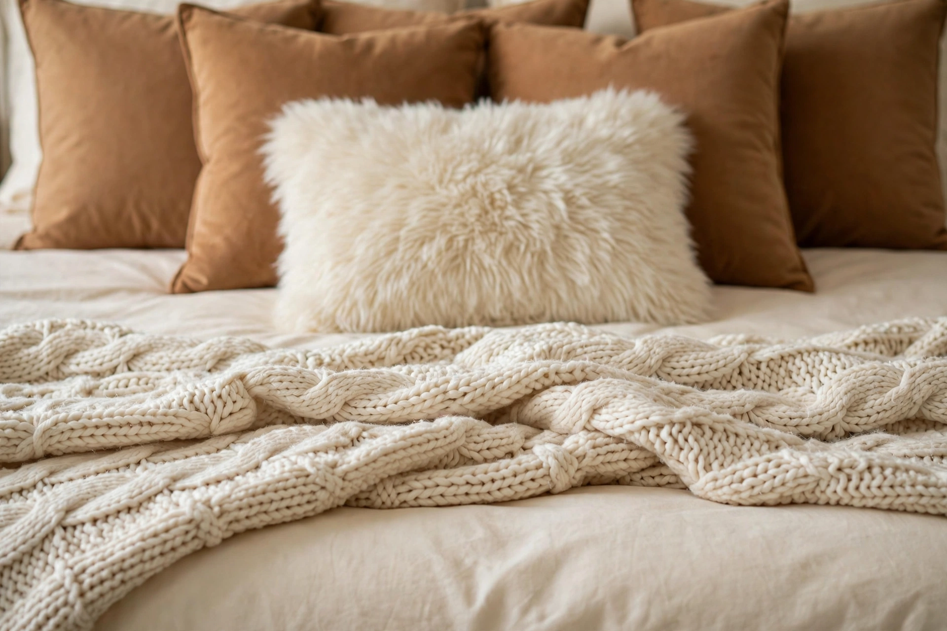 Chunky cream knit throw and a soft faux fur cushion layered on a bed with caramel bedding