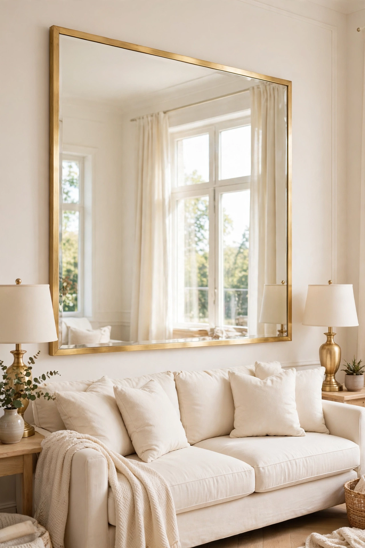 Large gold framed mirror above a sofa reflecting window light in an expensive looking living room