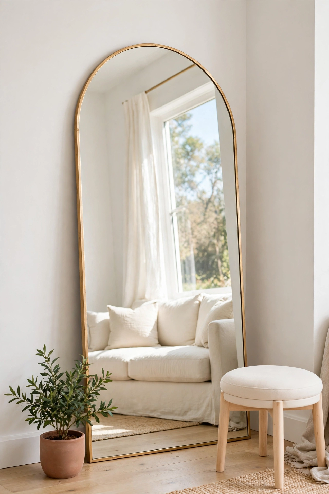 Tall arched gold mirror leaning in a living room corner reflecting a bright window, with a small plant and a cream stool beside it