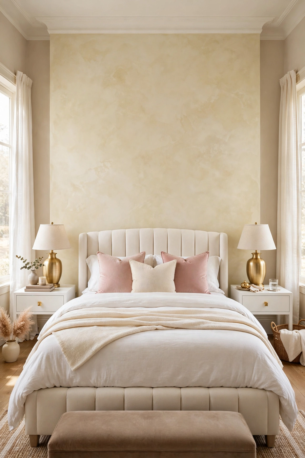 Warm ivory limewash wall with soft cloudy movement behind an ivory bed and cream bedding