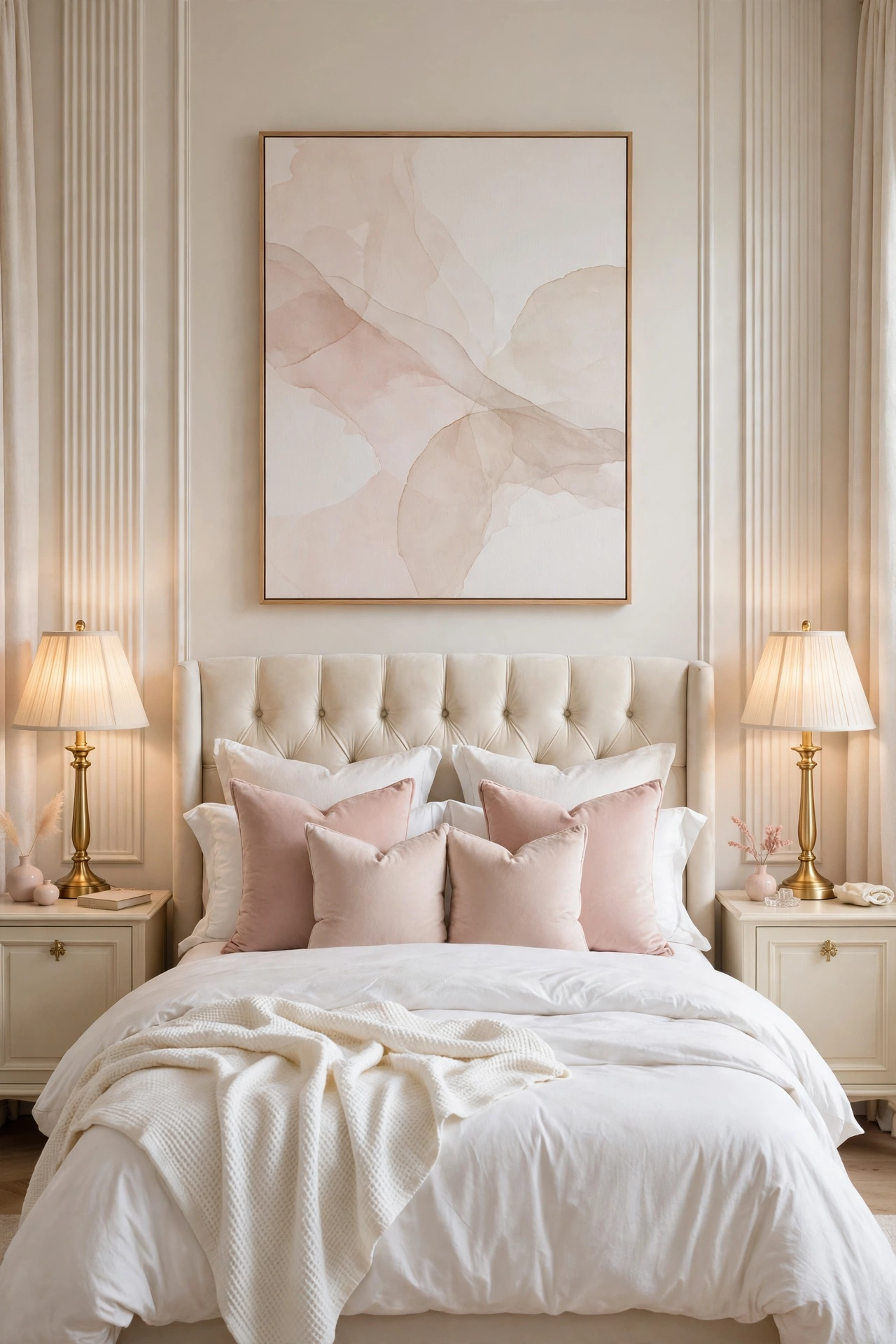 Pair of matching brushed gold lamps with cream shades on both nightstands in a symmetrical glam bedroom