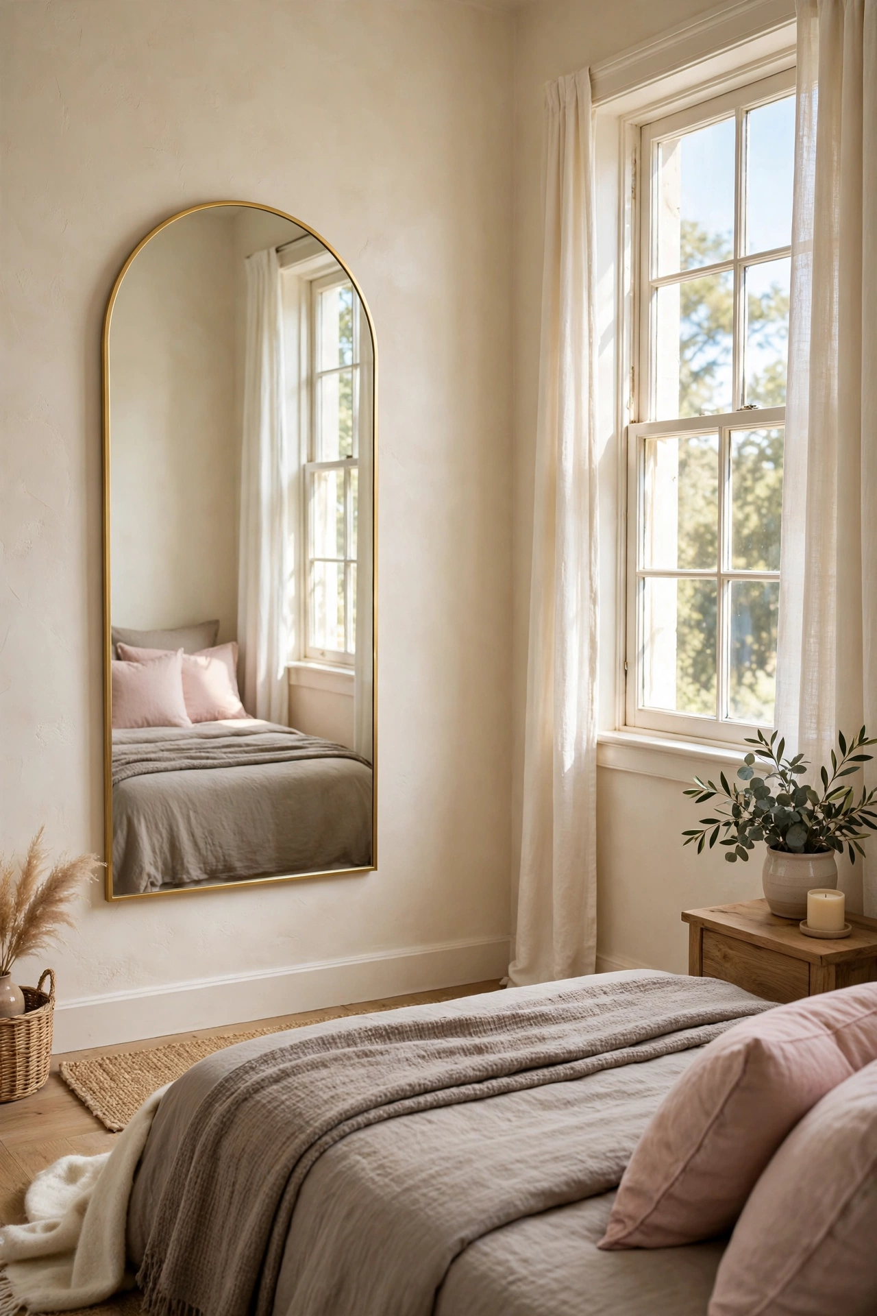 Tall arched gold mirror opposite the window in a small cream bedroom reflecting daylight and the bed