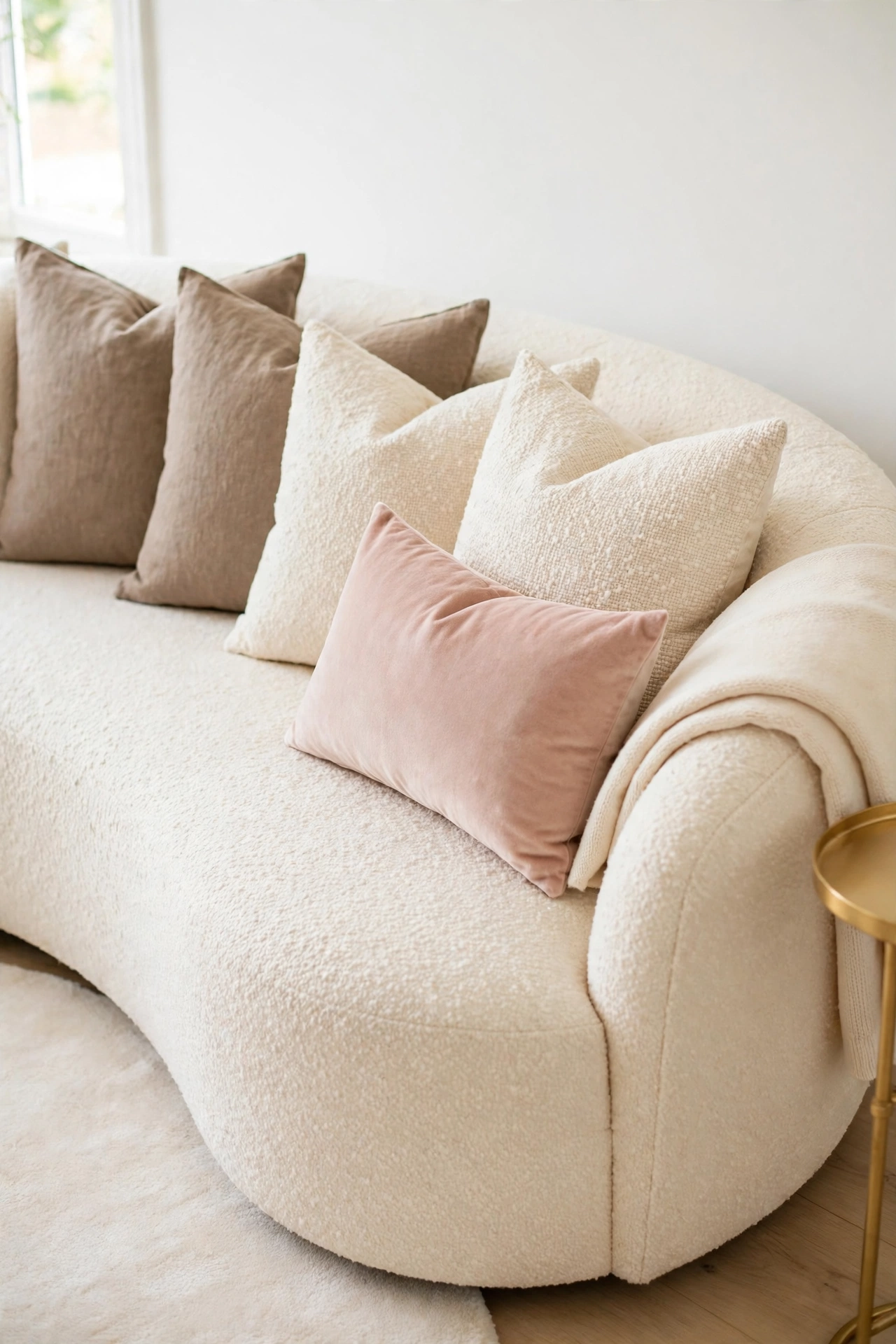 Pillow row on a cream boucle sofa going from warm taupe at the back to cream and one blush pink pillow at the front