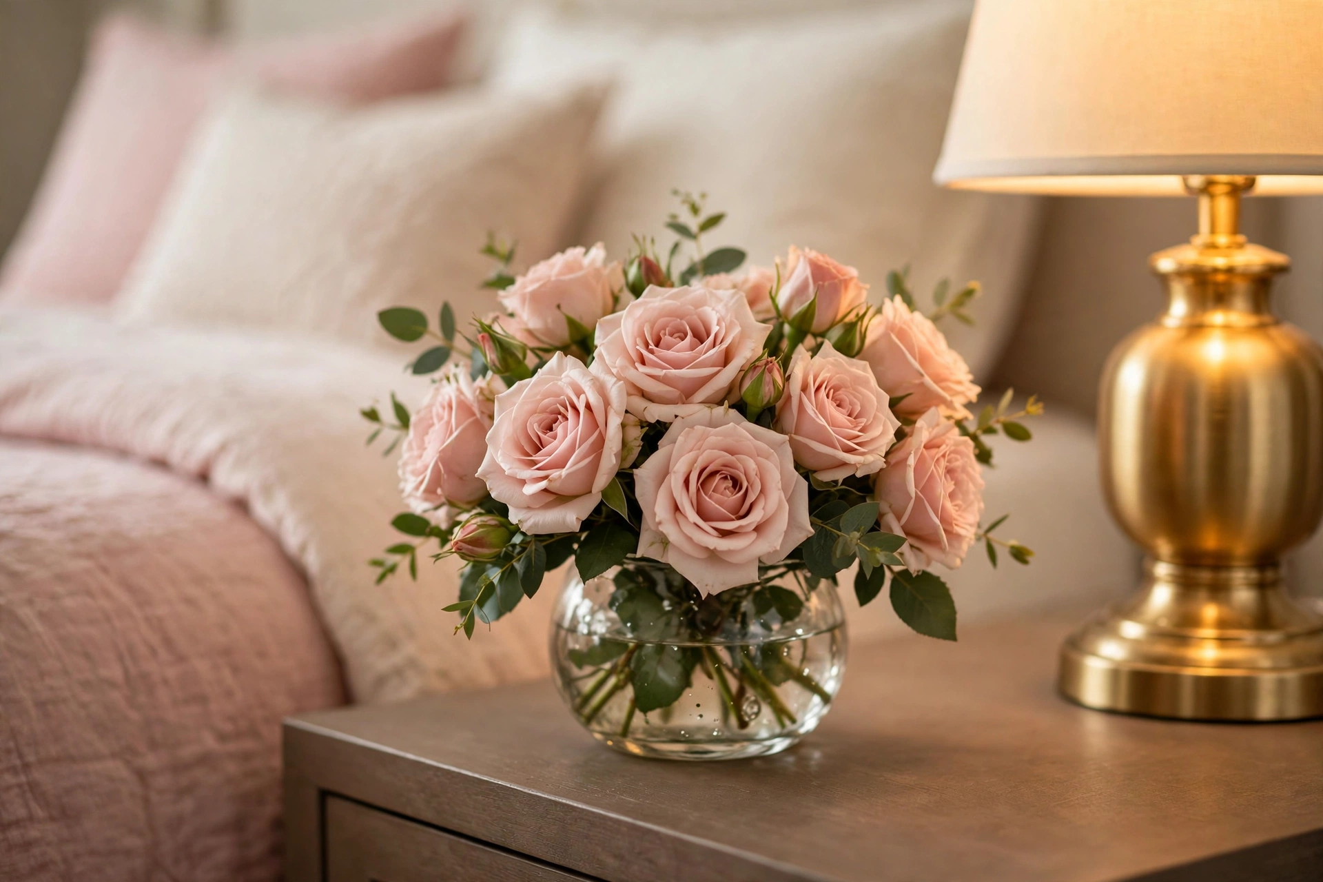Small low vase of blush pink roses on a nightstand beside a gold lamp and a cream bed
