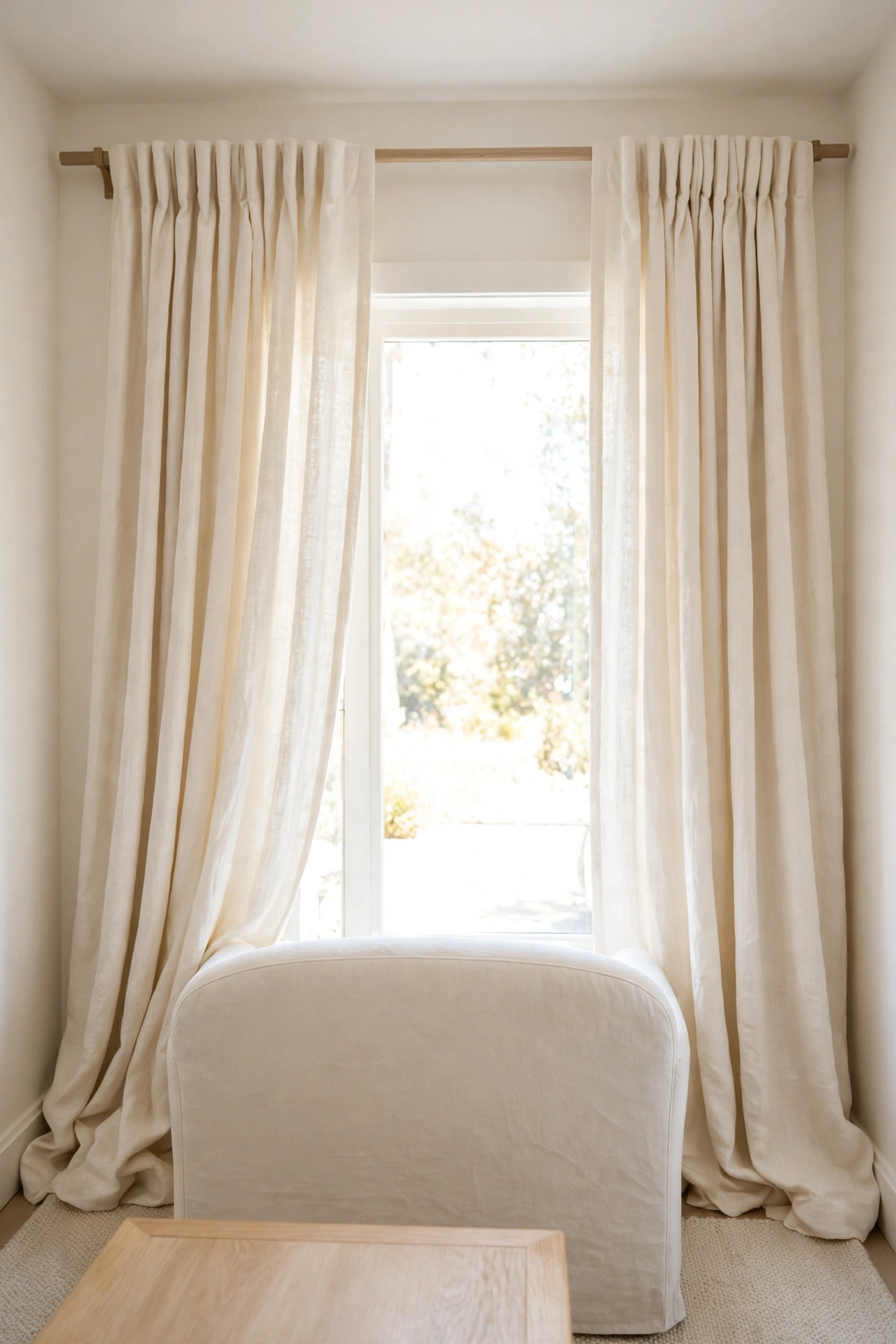 Long cream curtains hanging from ceiling height wider than the window in a small living room