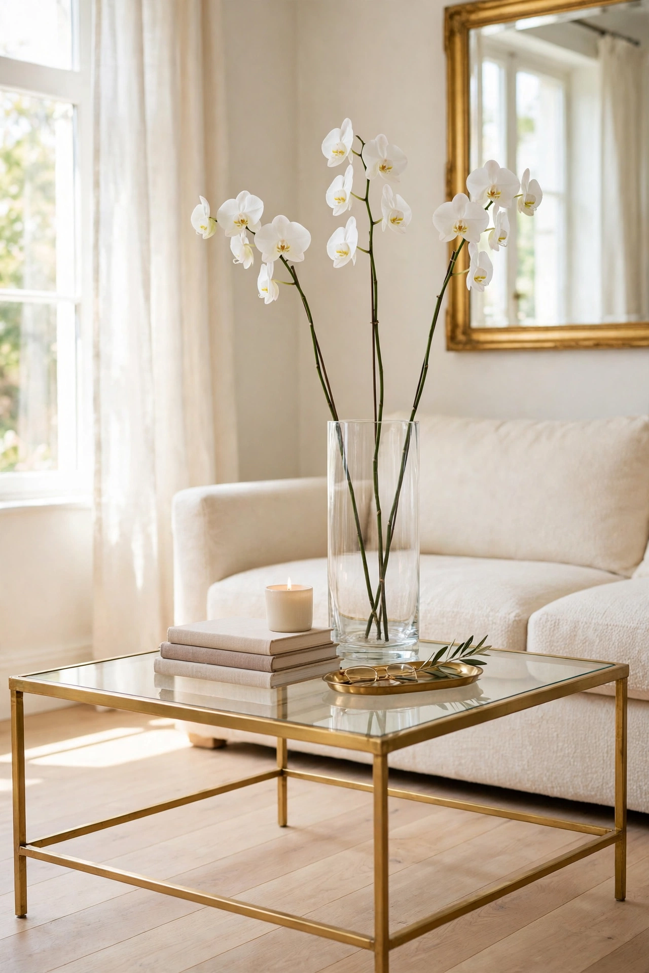 Tall clear vase with white orchid stems rising above a styled coffee table