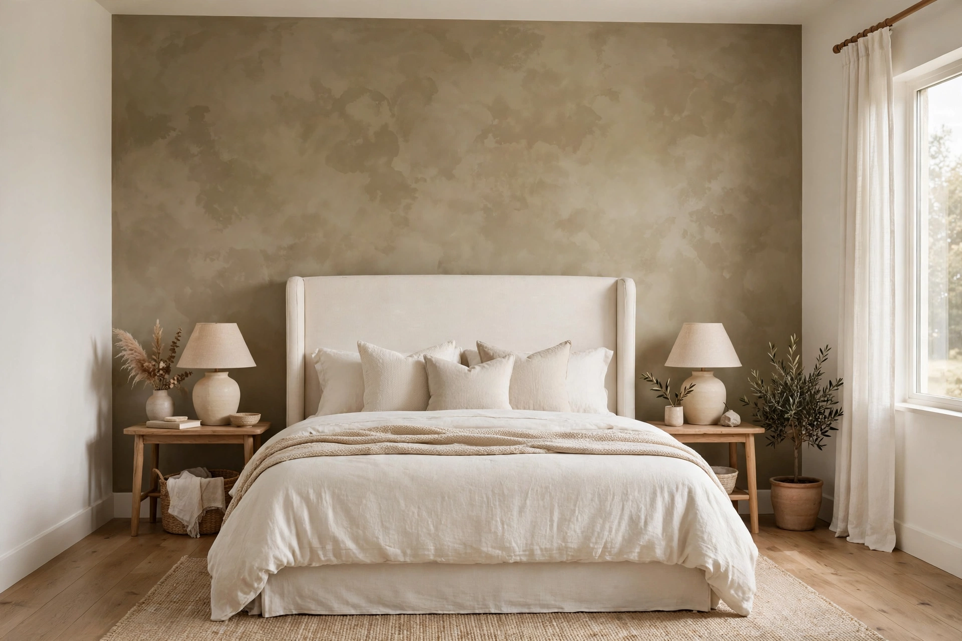 Warm taupe wall behind a tall ivory bed giving a calm luxury bedroom soft depth