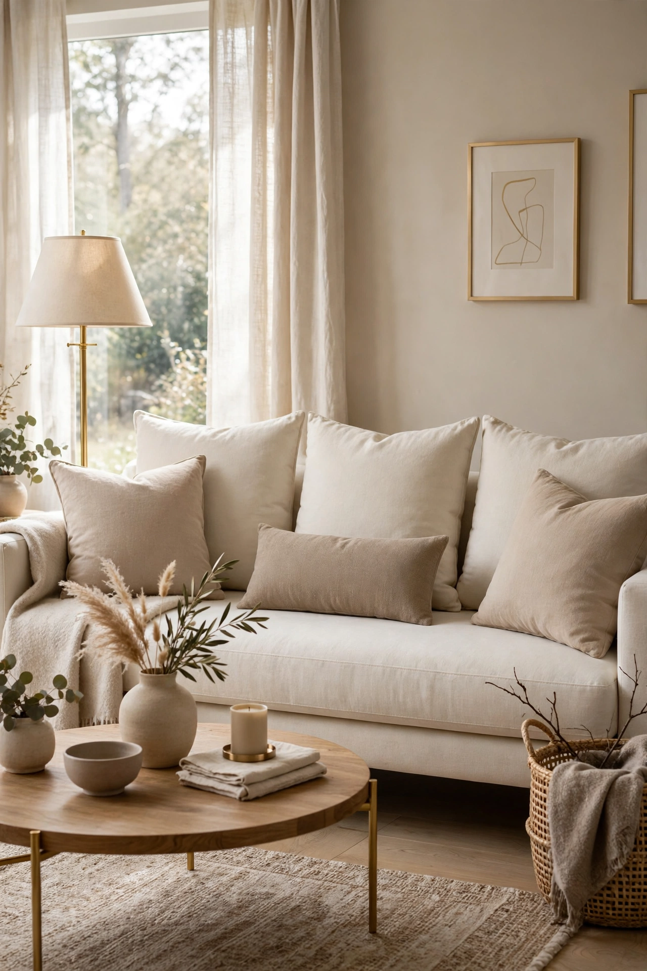 Large square cushions at the back, medium cushions in front, and one small lumbar cushion on a neutral sofa
