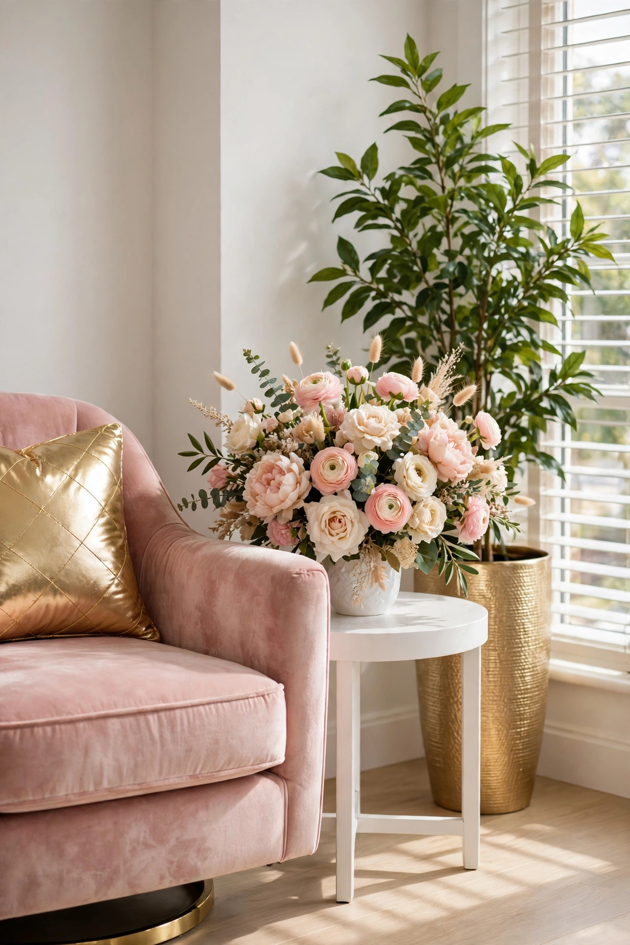 Blush pink velvet chair with a gold pillow beside a white side table with cream and pink flowers