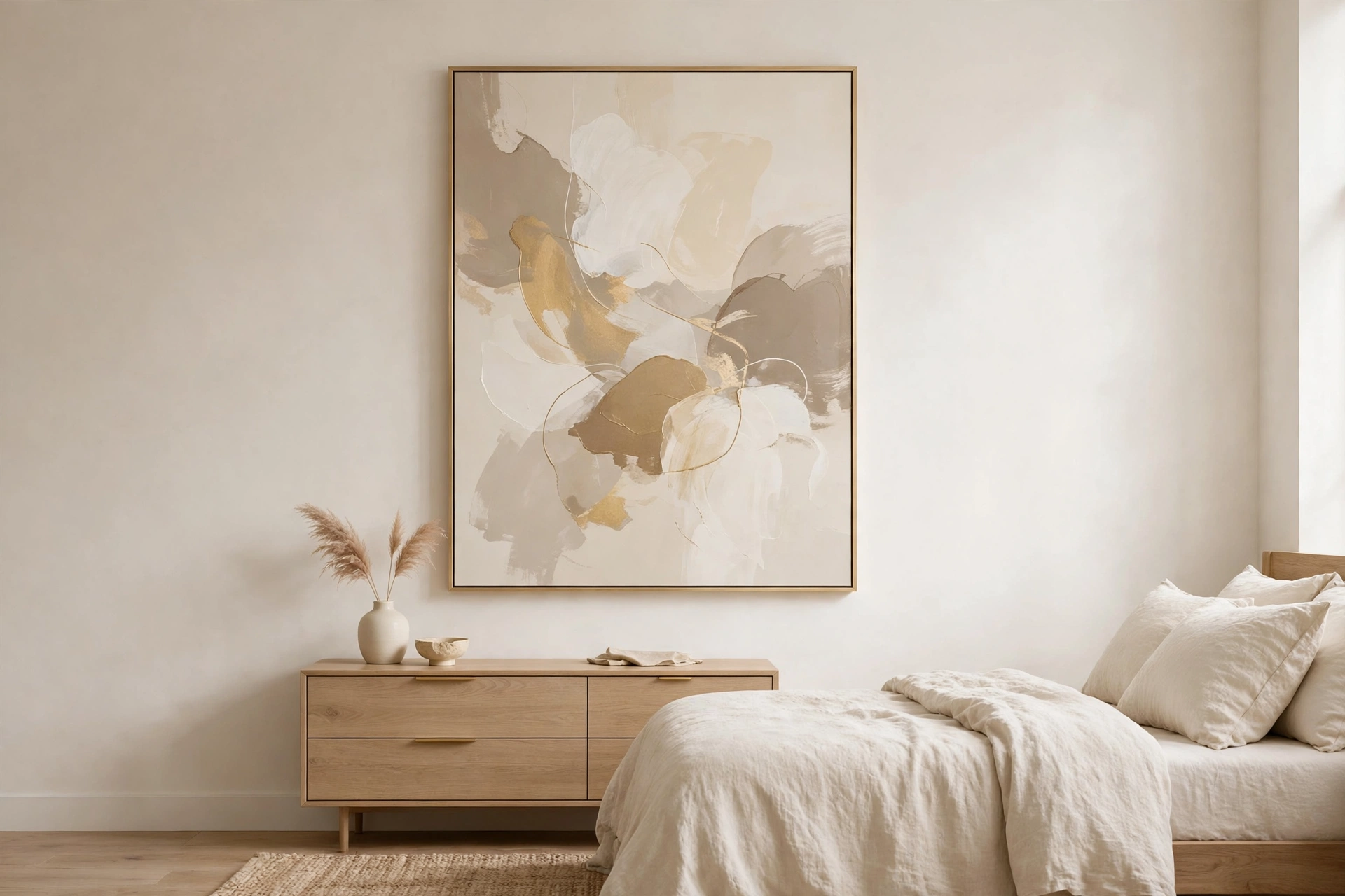 One large calm abstract artwork in cream and taupe with a gold frame in a luxury bedroom