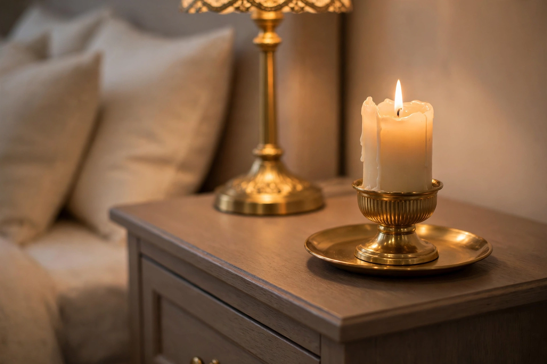Lit cream candle in a gold holder on a small plate glowing on a nightstand in the evening