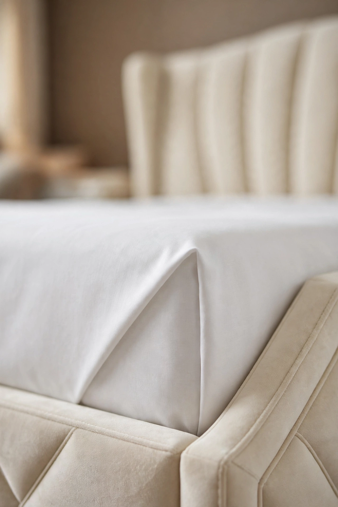 Close view of a neat hospital corner with the sheet folded at a clean angle and tucked under the mattress