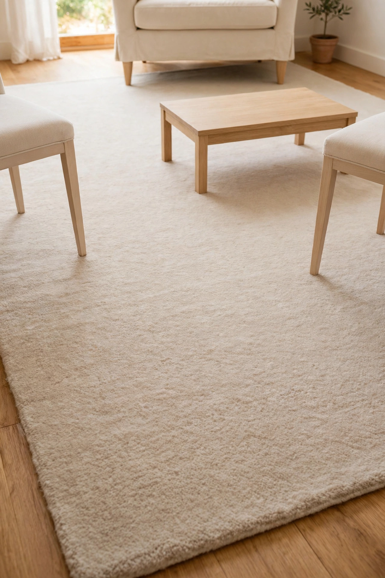 One large soft beige rug holding the sofa and chairs together in a small living room