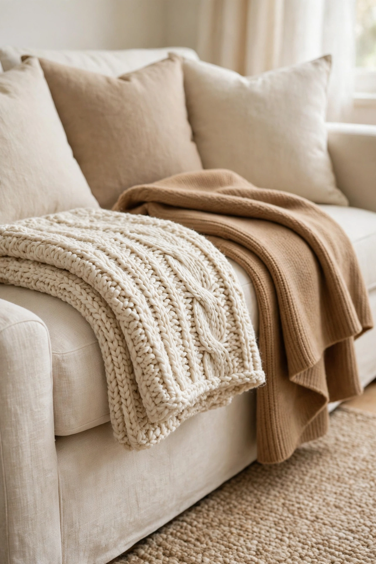 Cream and camel knit throws layered over the arm of a cream linen sofa in a cozy neutral room