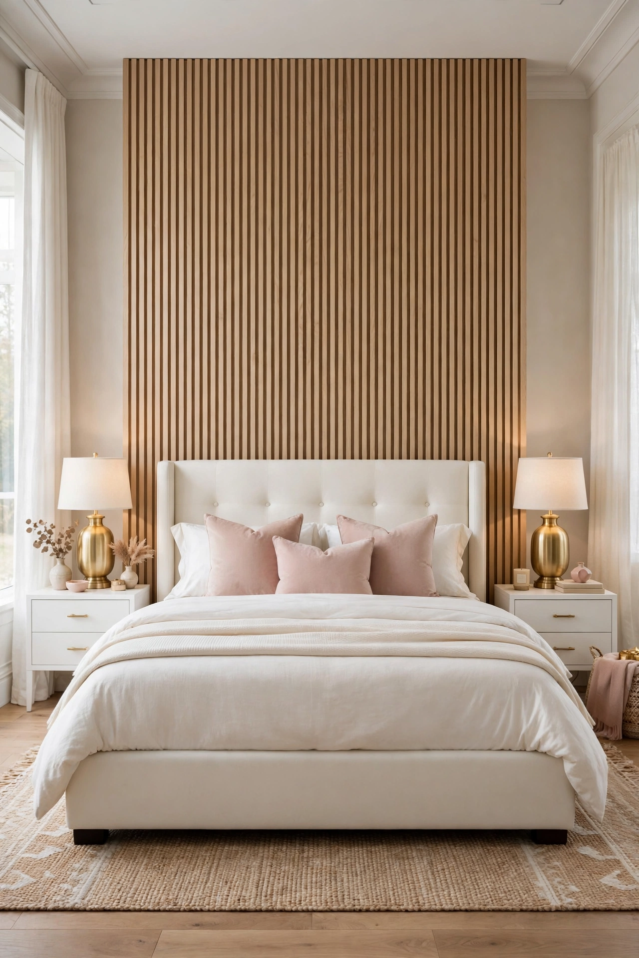 Light oak vertical slat wall behind an ivory bed with cream bedding and warm gold lamps
