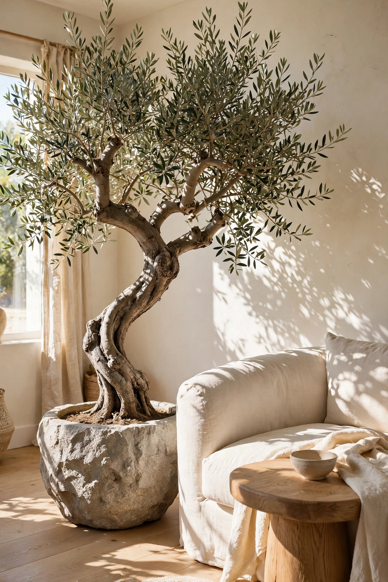 Olive tree in a large stone pot beside a curved cream sofa in a modern organic living room
