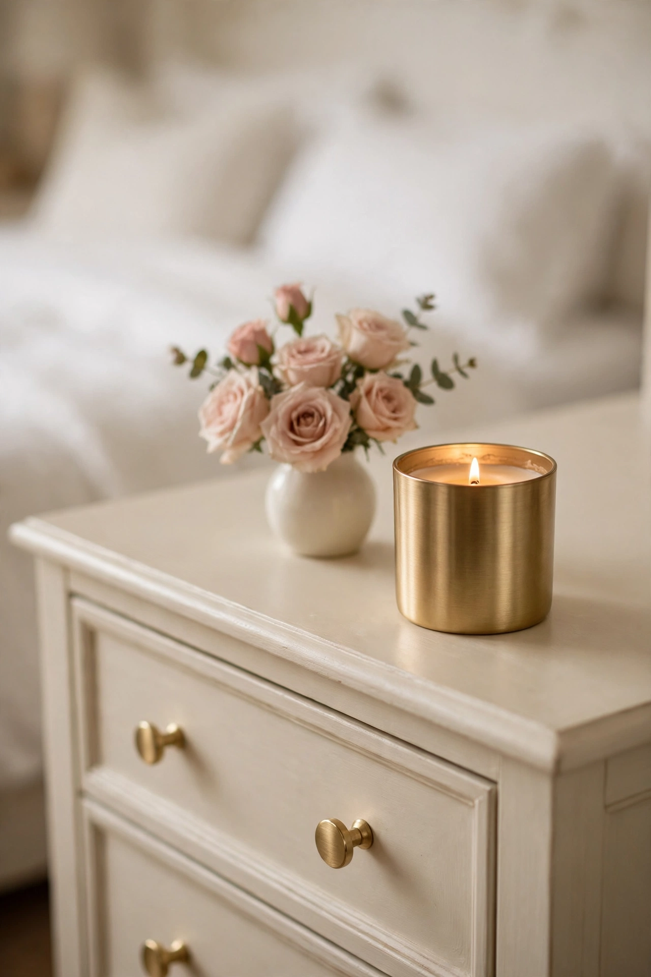 Single scented candle in a gold holder on a bedroom dresser with a small vase of blush roses beside it