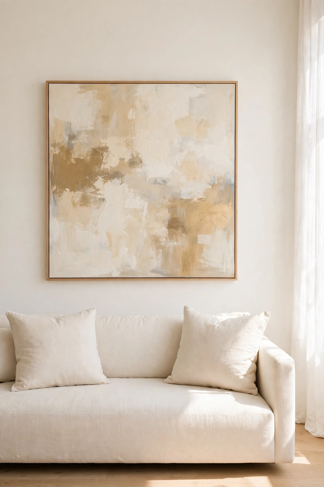 One oversized abstract canvas in cream and gold tones hanging low above a sofa