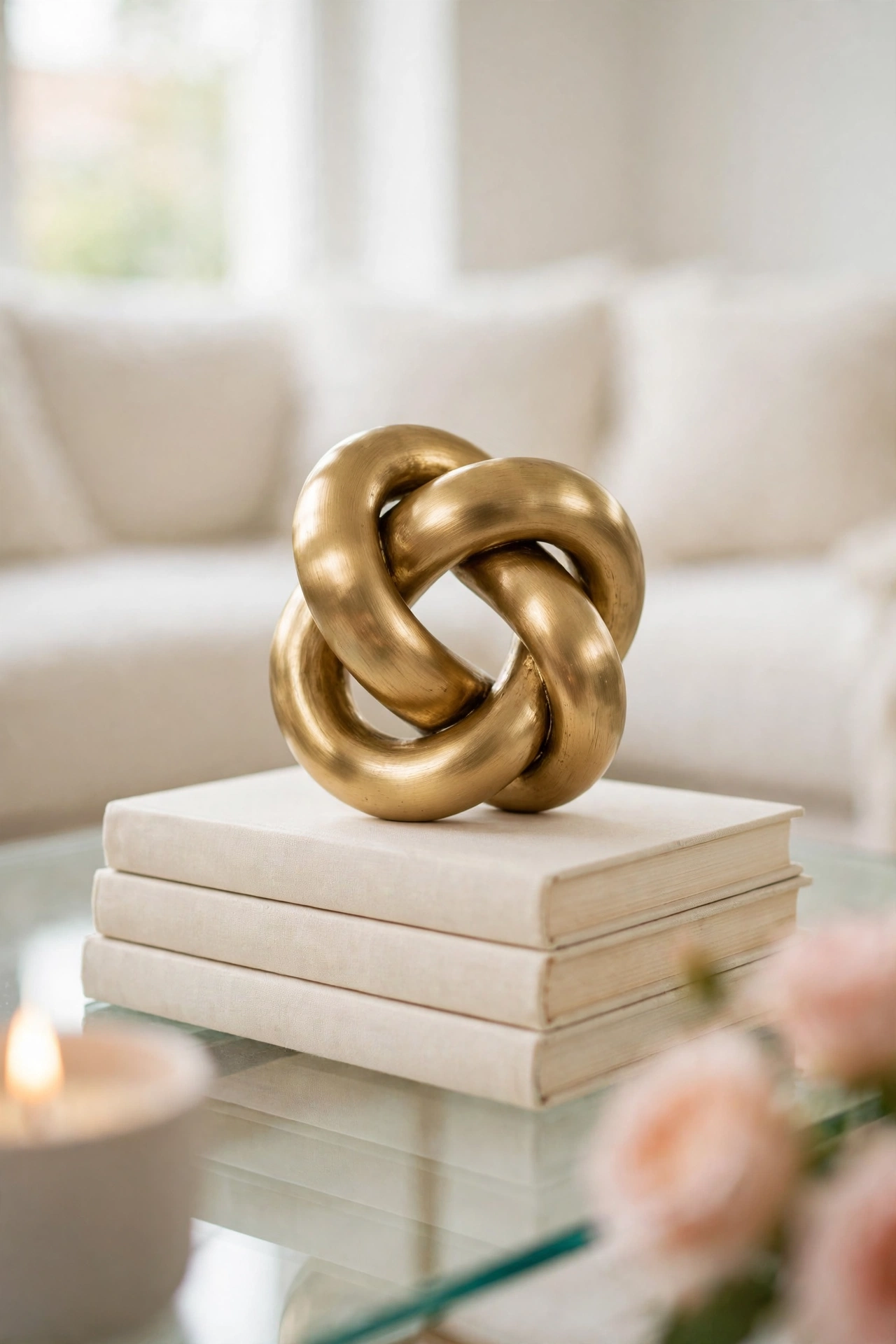 Gold knot sculpture resting on a stack of books as the single statement object on a coffee table