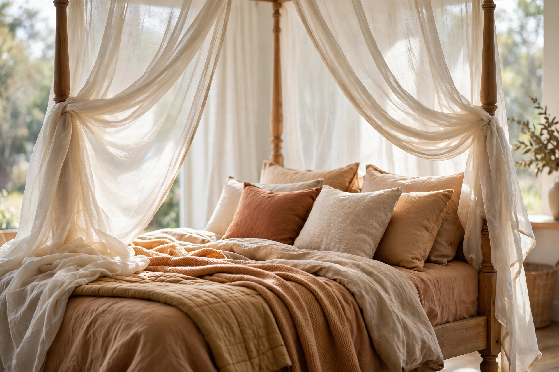 Sheer cream canopy fabric draped softly over the corners of a four poster bed with layered warm bedding