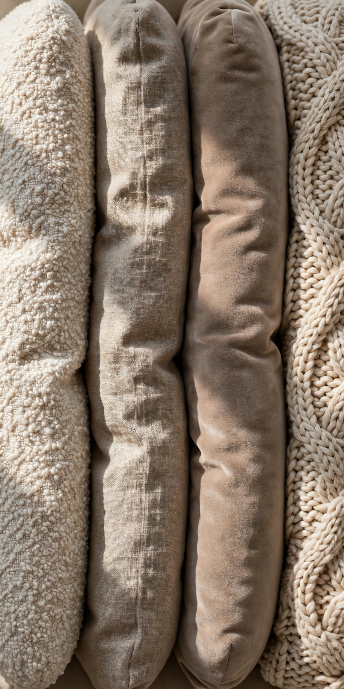 Close-up of neutral cushions in bouclé, linen, velvet and knit textures on a sofa