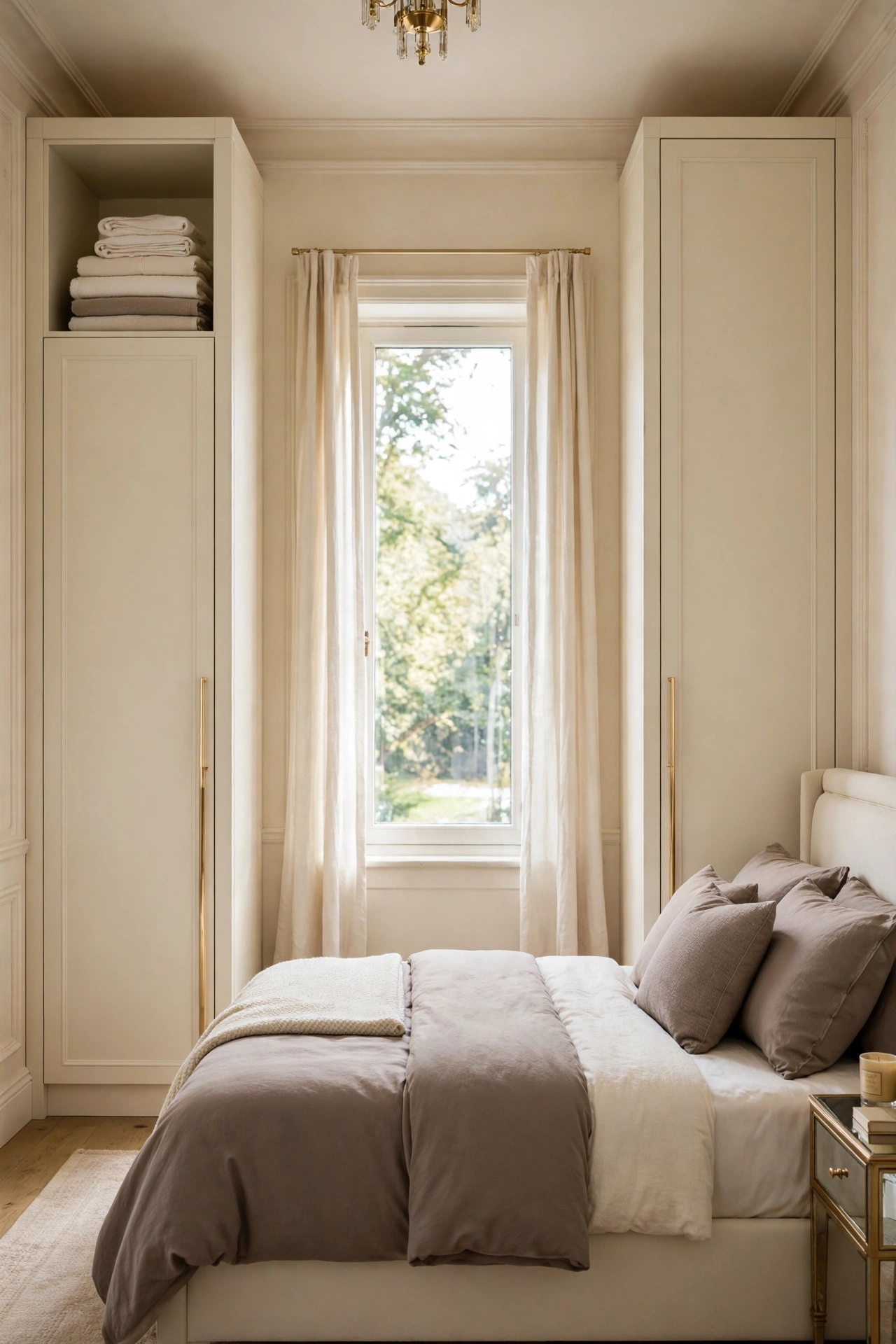 Pair of tall narrow cream wardrobes with gold handles flanking a small bedroom window, using height instead of floor width
