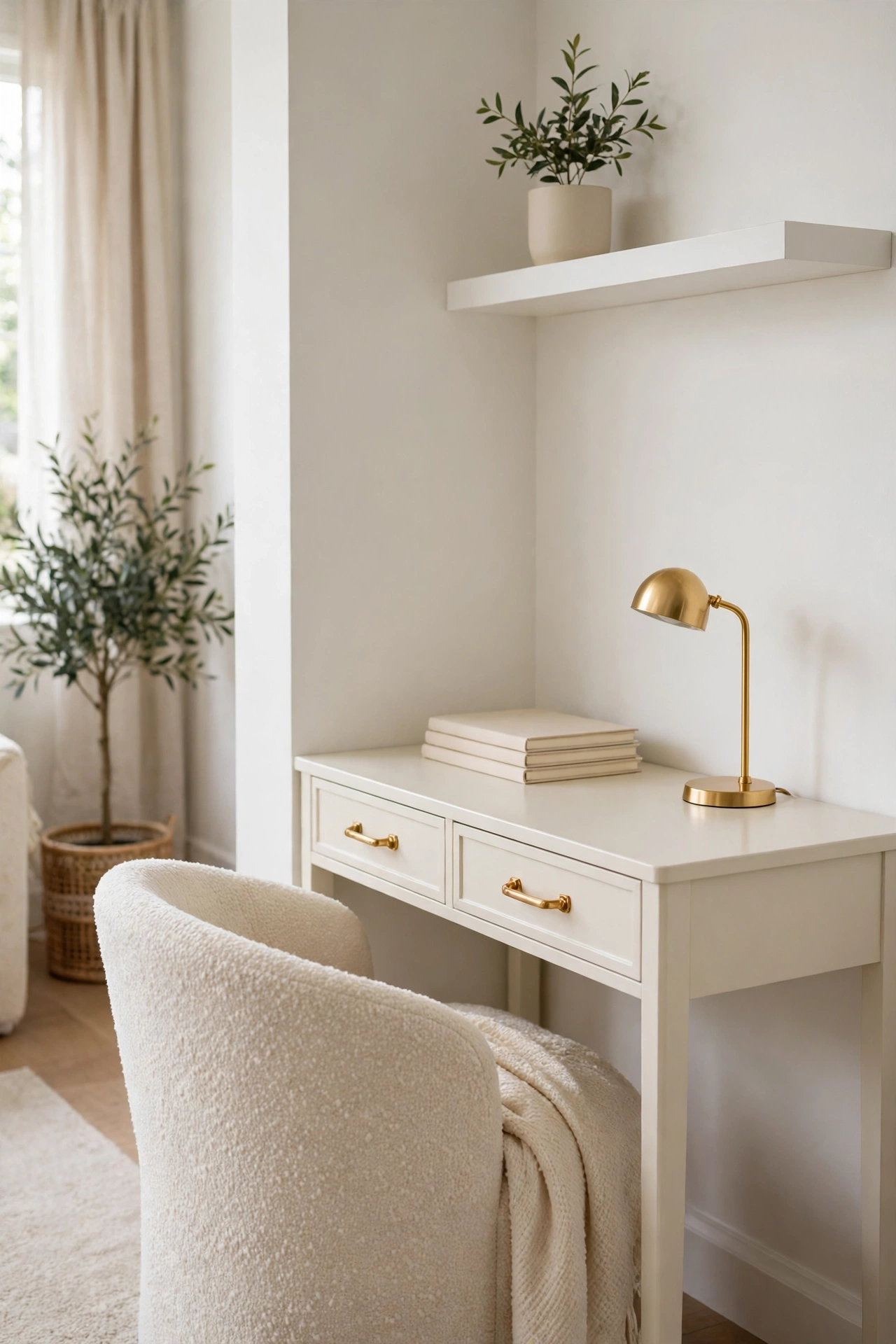 Slim cream and gold writing desk fitted into a living room corner with a boucle chair tucked in, a small lamp, and a floating shelf above