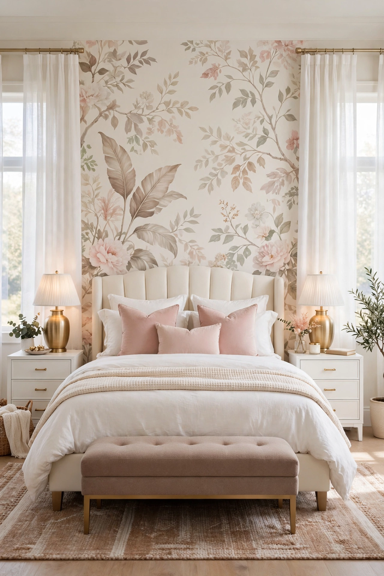 Soft botanical wallpaper in cream and blush behind an ivory bed in a bright glam bedroom