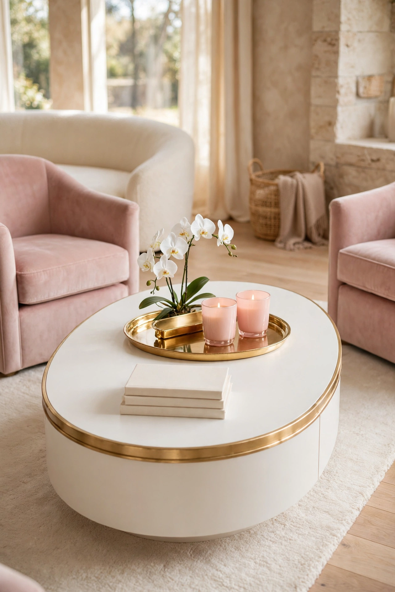 White oval coffee table with gold trim on an ivory rug