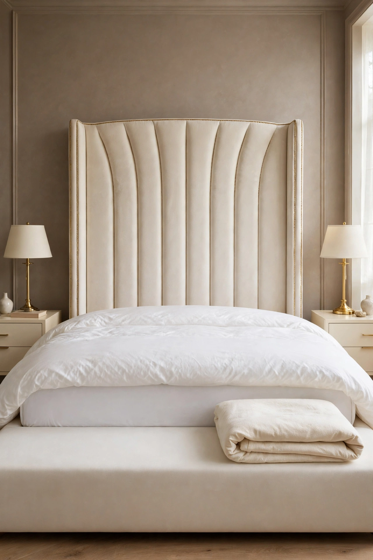 Plump white duvet insert resting on the made bed, lofted and even before its cover goes on