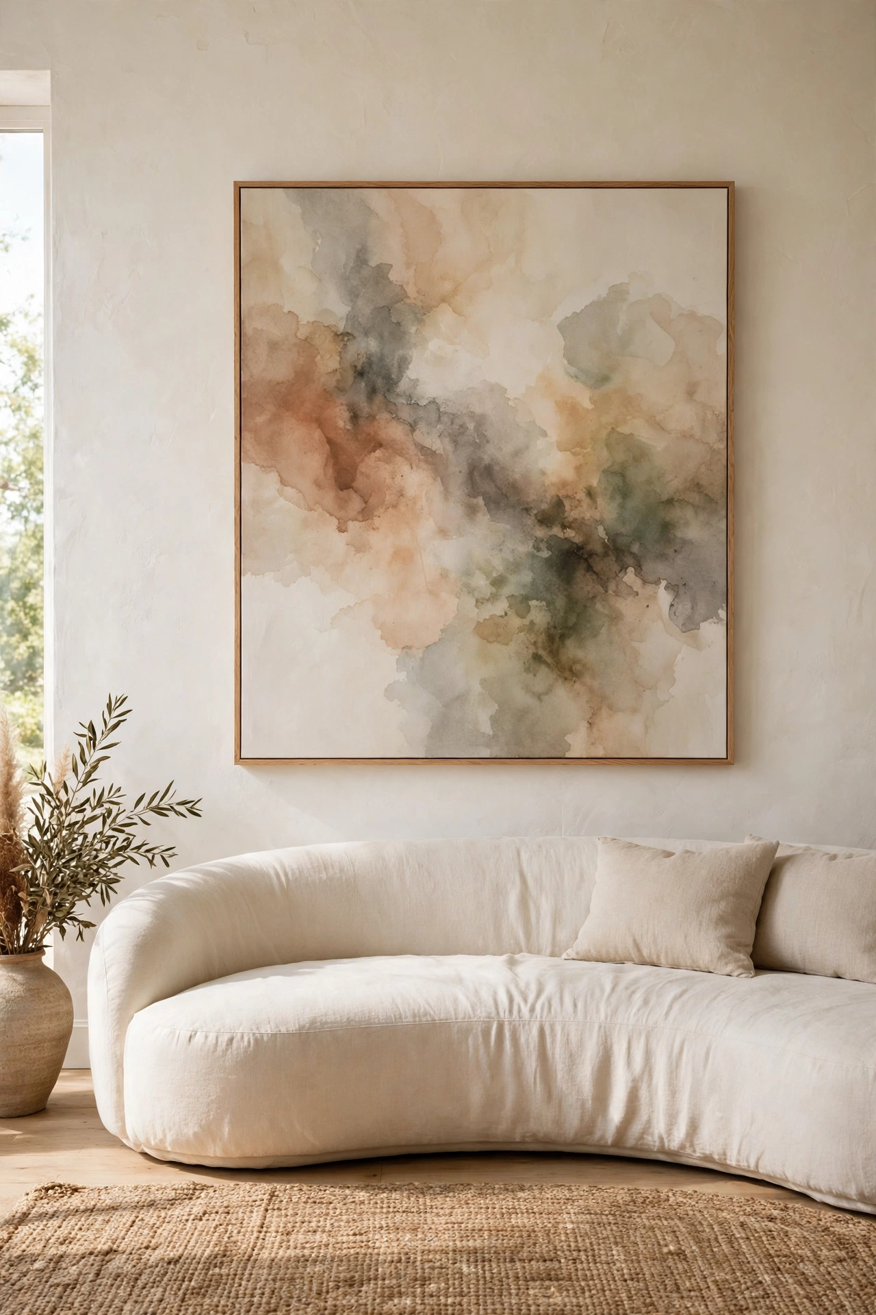 Oversized abstract canvas in sand, clay, and olive tones above a curved linen sofa