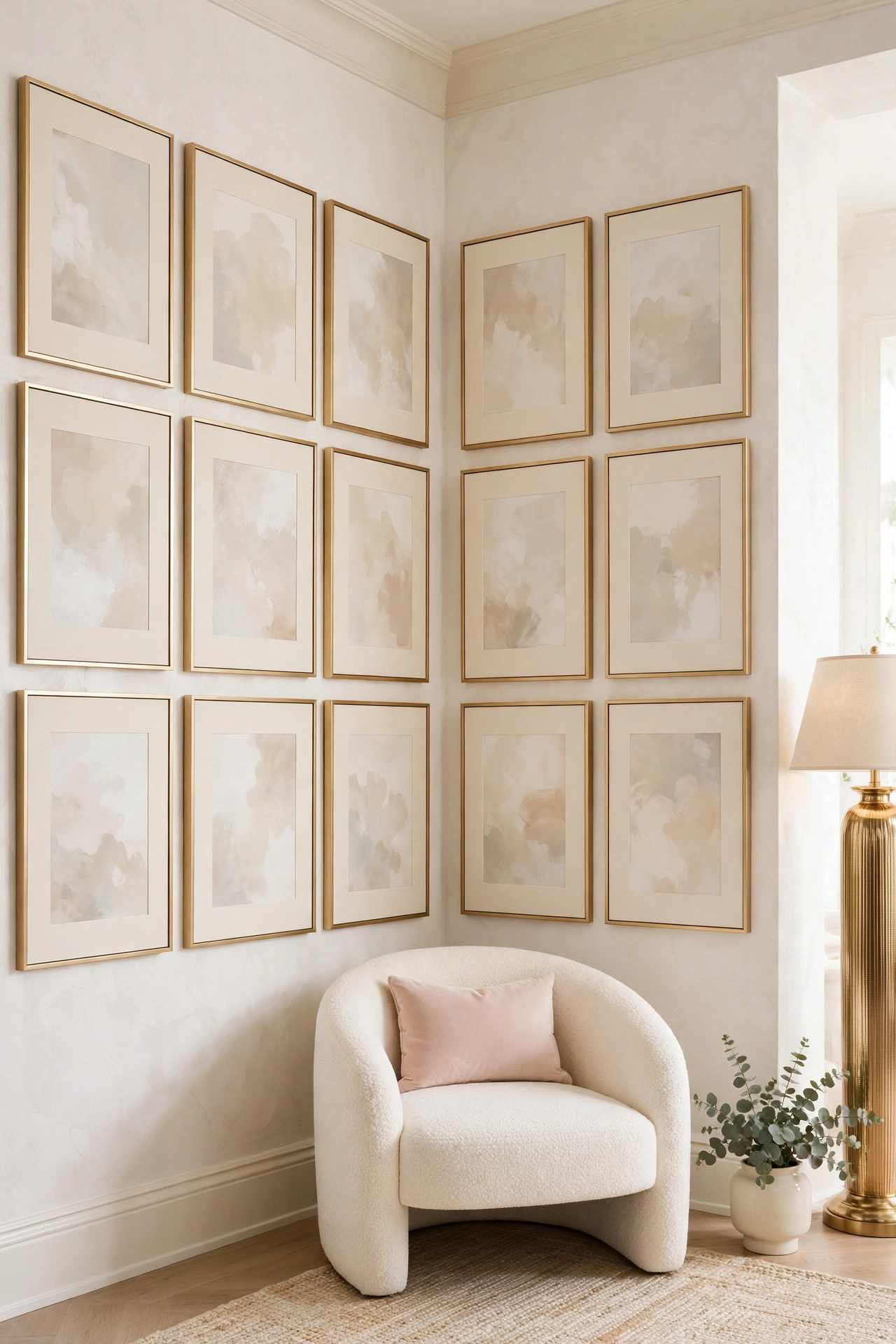 Gallery corner in a glam living room with framed art in gold frames wrapping around both walls, meeting at a corner frame above a cream chair