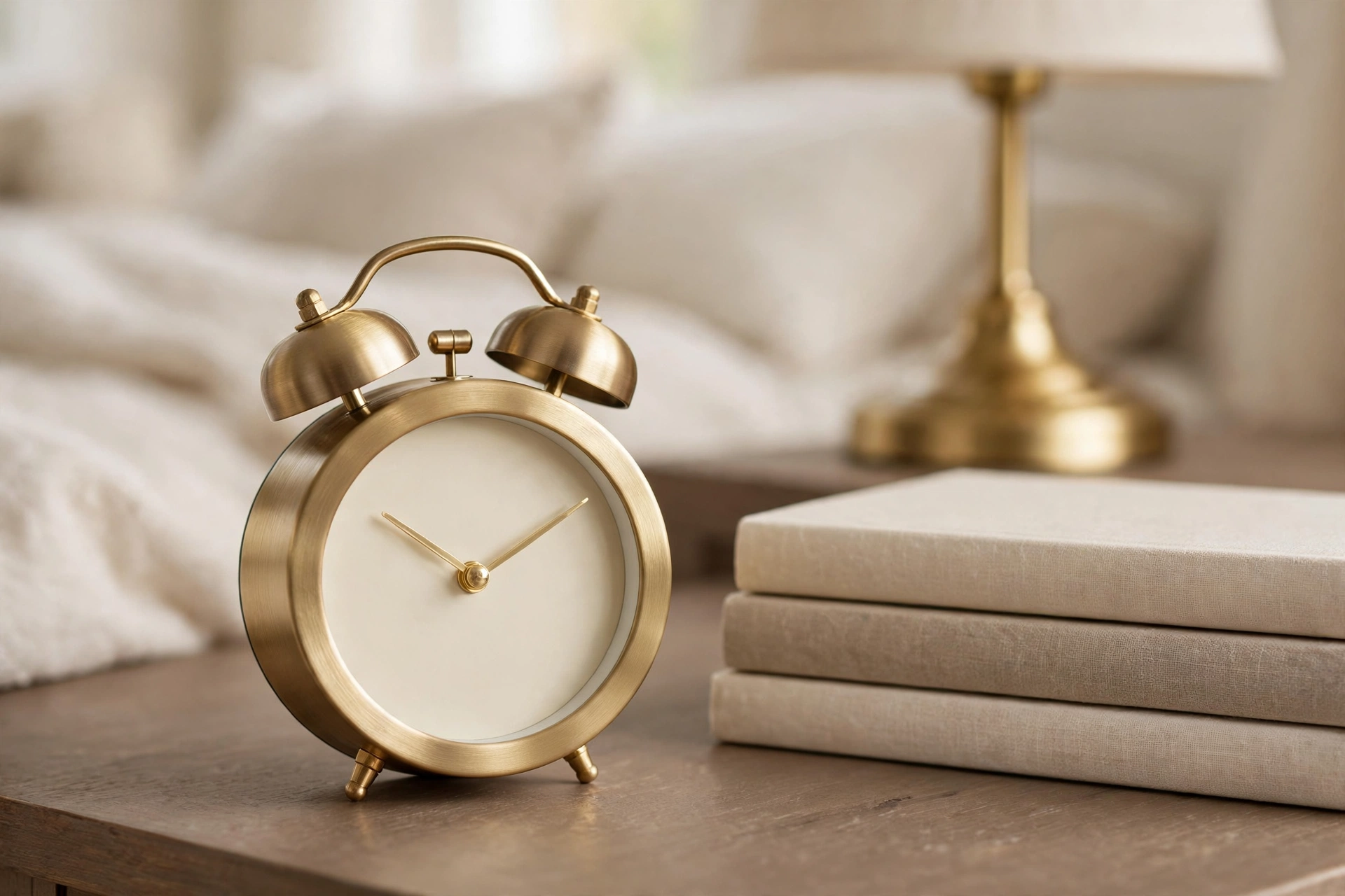 Small round gold alarm clock on a nightstand beside stacked books and a cream lamp