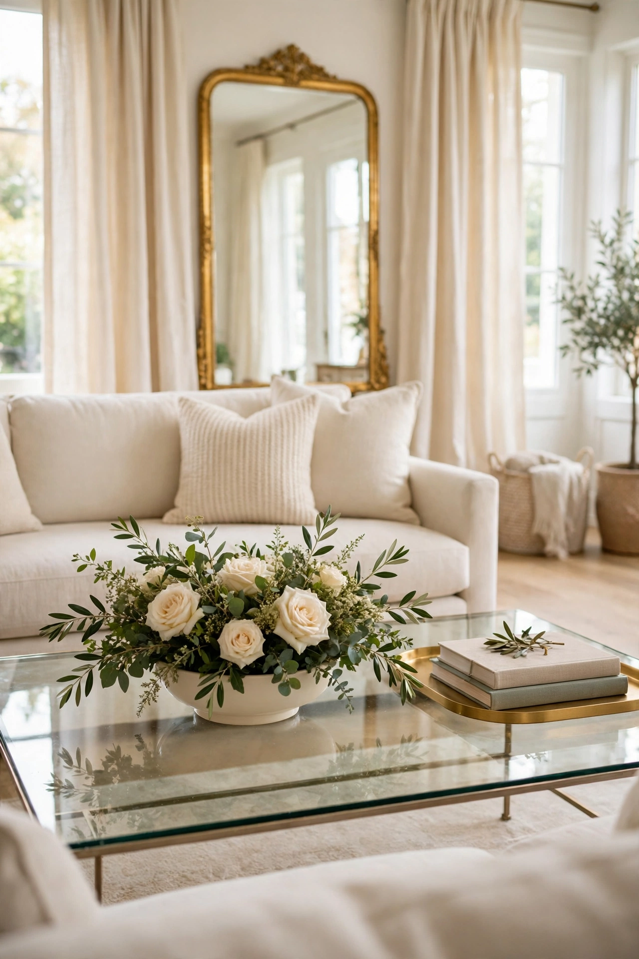 Low wide bowl of cream roses and greenery centred on a coffee table without blocking the view
