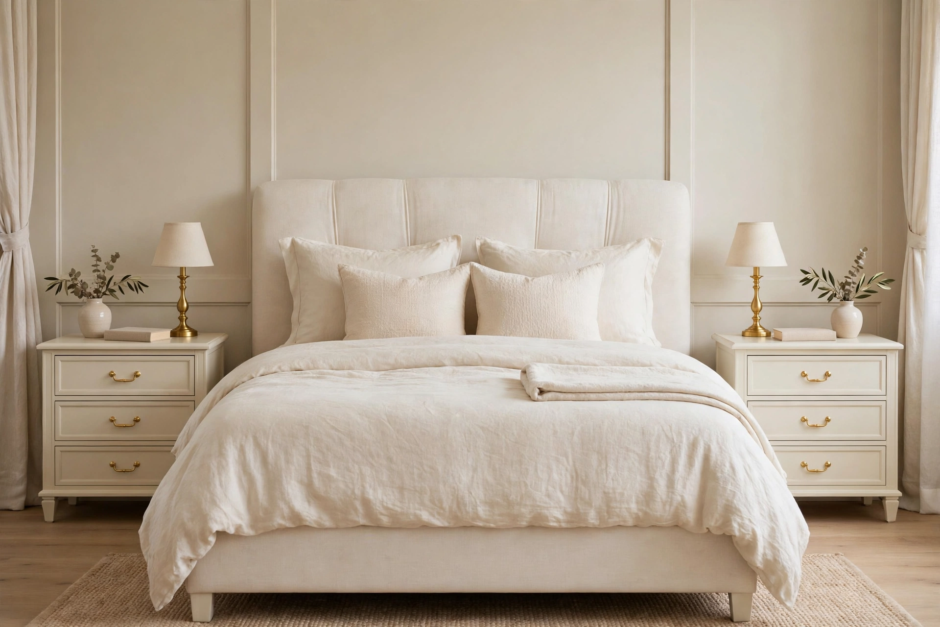 Matching cream nightstands with gold lamps styled as a pair beside a luxury bed